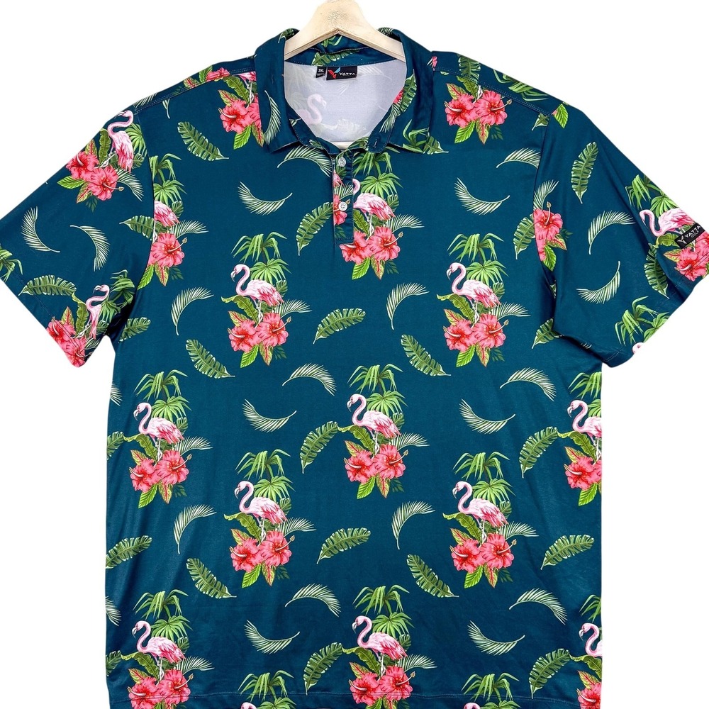 Yatta Golf Polo Shirt Mens 3XL Flamingo Floral Hawaiian Stretch Performance